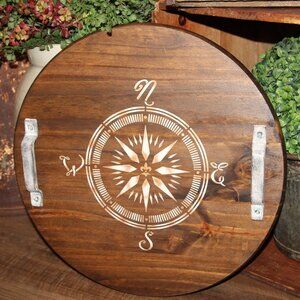NEW Large Rustic Nautical Coastal Solid Wood Compass Centerpiece Decor Tray